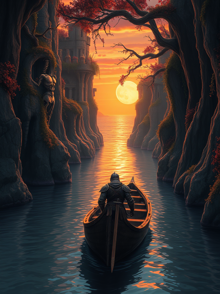 A solitary knight, his armor pockmarked and stained with crimson, leans against the bow of a small, rickety boat, shrouded in a somber light. He is surrounded by the grandeur of nature, as if he's been swallowed by its silent power. The river, a narrow waterway winding its way between towering cliffs, reflects the hues of the setting sun – a spectacle painted in shades of fiery orange and deep purple. The walls of the cliffs are a tapestry of nature's resilience, with ancient ruins crumbling and covered in vibrant foliage and vines. Skeletons of fallen warriors, their once-mighty armors now rusted and decaying, hang precariously from the branches of ancient trees, adding to the oppressive silence of the scene. The cliffs gradually open, revealing a glimpse of the vast ocean, its water a mirror of the sky ablaze with the dying light of the sun, offering both a sense of hope and isolation.