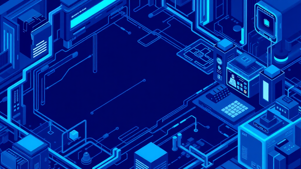 Create a cybernetic background, use dark blue colors, and draw it in isometric view.