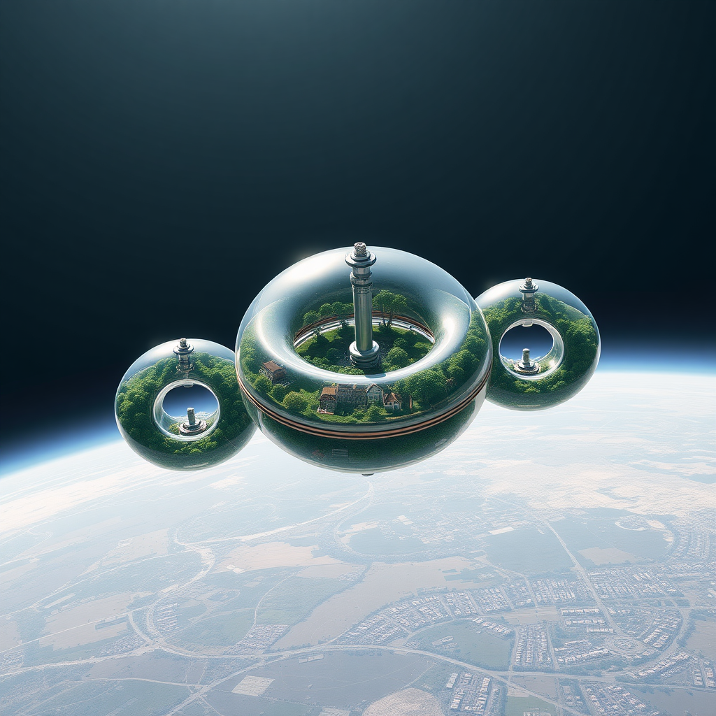 Three space stations orbiting a grey planet. Each station is 5 glass doughnuts stacked in a column with a rod connecting through the center of each hole. There are 3 stations like this, each with 5 stacked glass doughnuts. Each glass doughnut is full of plants, trees, and greenery, and contains hundreds of houses in neighborhoods.