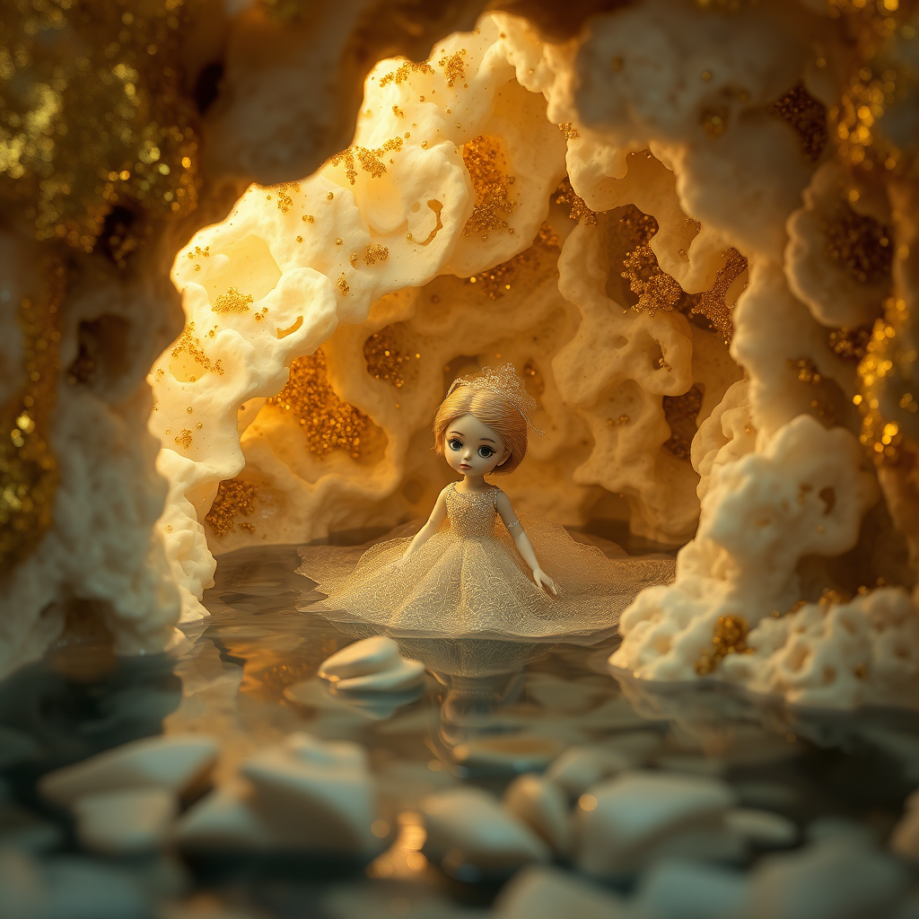 a porcelain doll in a flooded cave, artists doll, bjd, high quality photo, intricate environment, ultra-detailed, impressionistic, dynamic composition, artistic photograph, porcelain, geode, alabaster, gold, fractal, intense colors, glittering