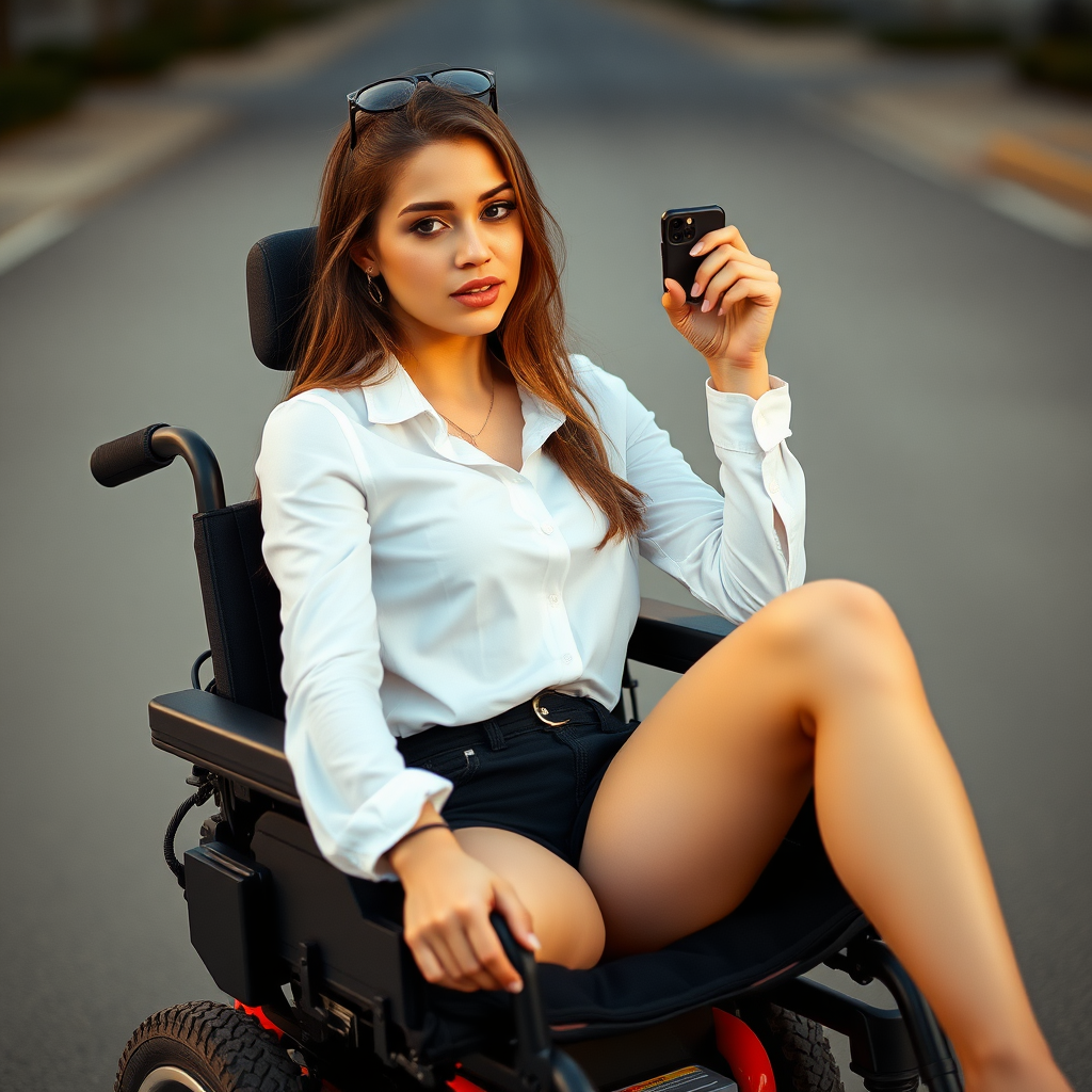 An iPhone photograph of a woman in her twenties, sitting in an electric wheelchair. Provocative pose.