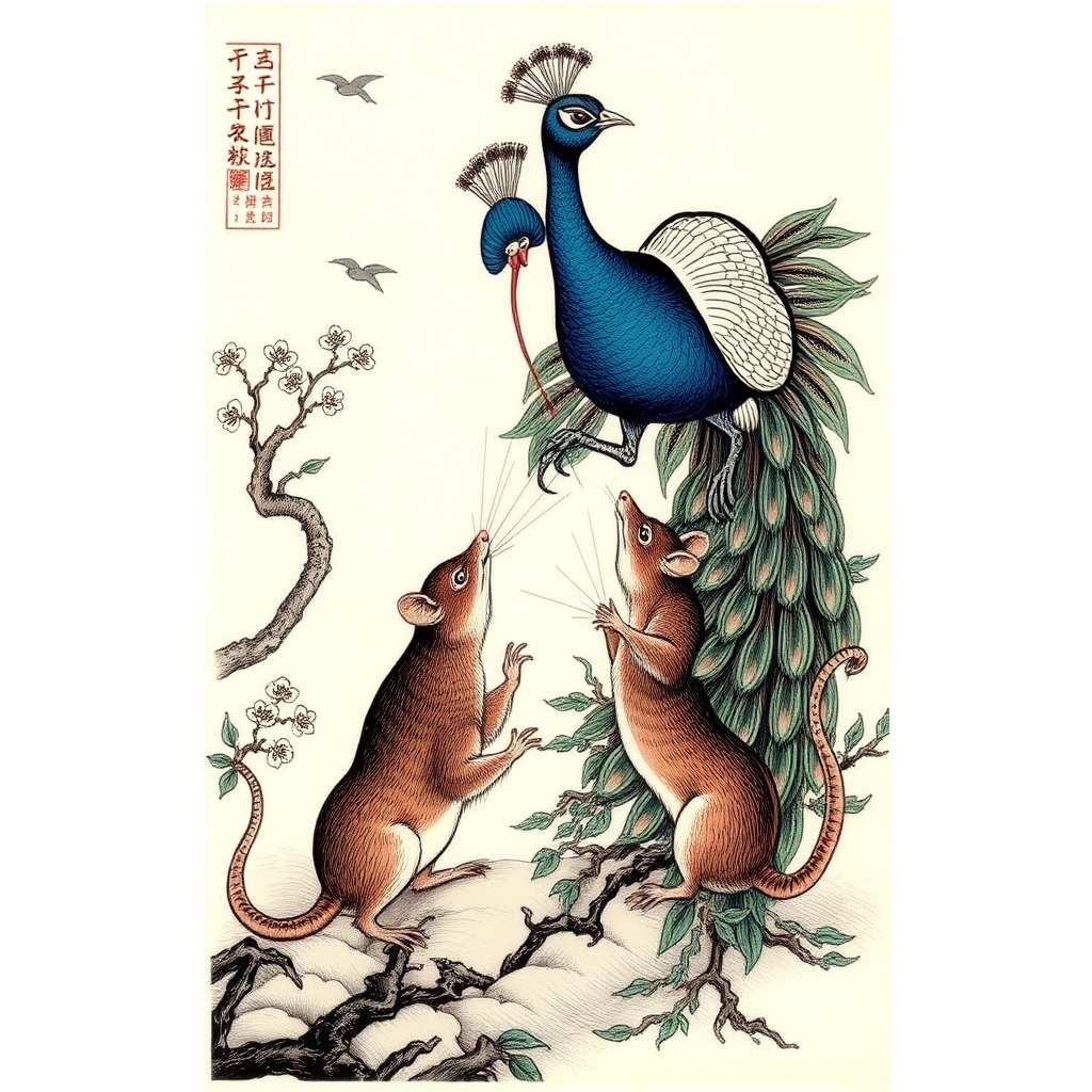 A peacock fighting rats Chinese woodcut