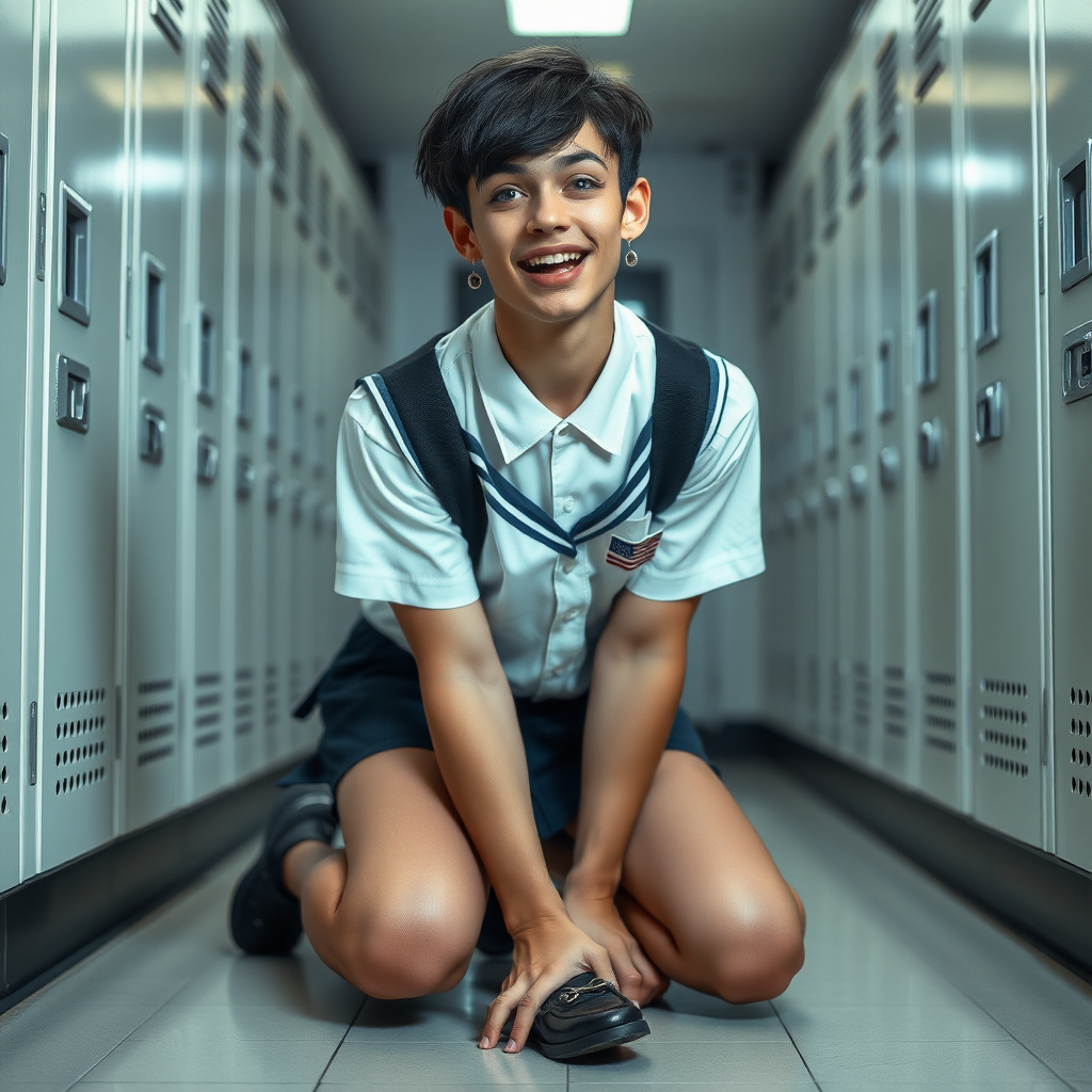 photorealistic, ultra high resolution, 16K, surreal fantasy, soft studio lighting, a pretty 17 year old goth male, slim male physique, short dark hair, blue eyes, goth makeup, earrings, sheer pantyhose, UK girls-school uniform, Mary-Jane shoes, kneeling on the floor of the locker room looking up at the camera, excited open mouth smile, drooling saliva, facing the camera.