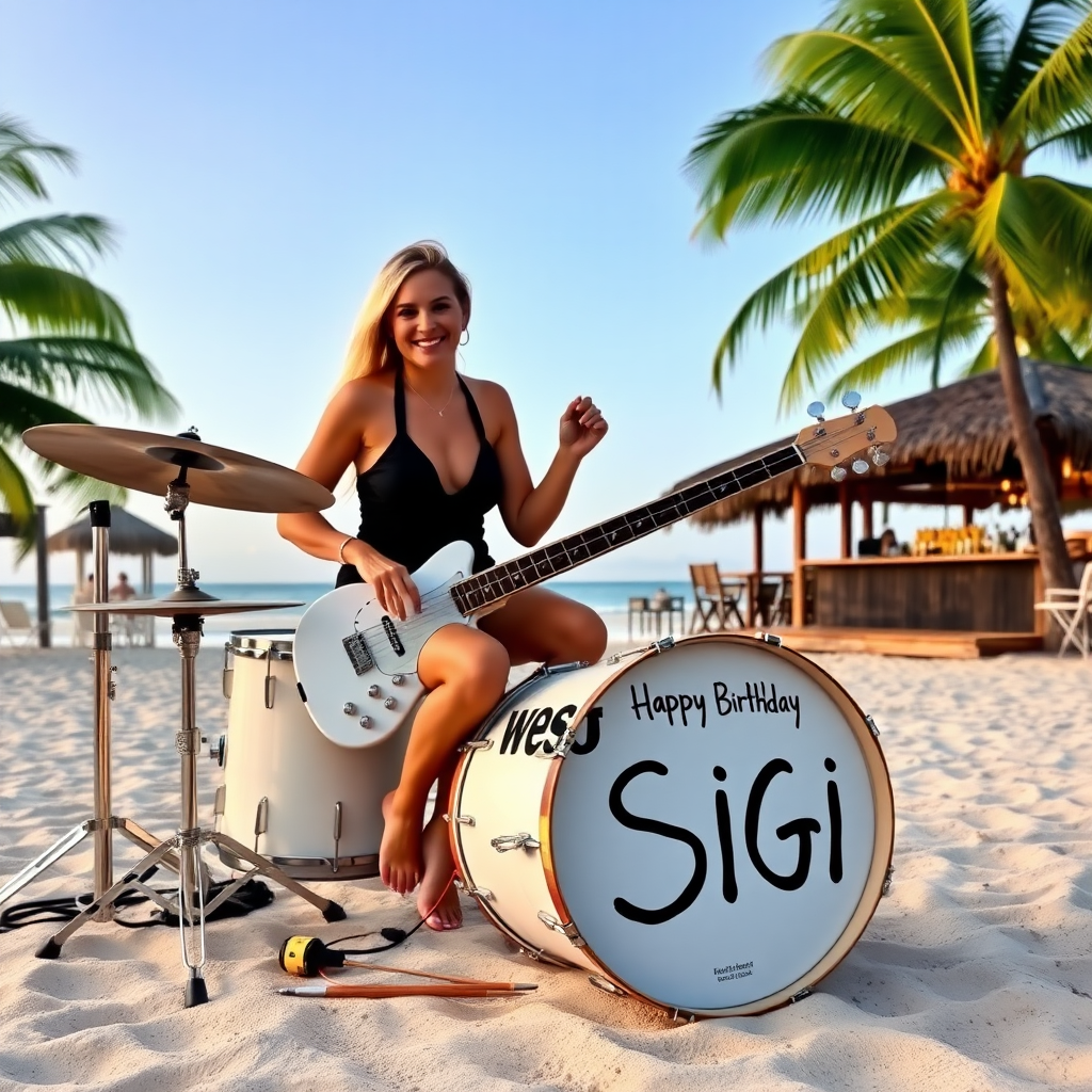 Lady sitting on Drumset with white bassdrum on beach with Palms and bar, bassdrum spelling the words "Happy Birthday Sigi"