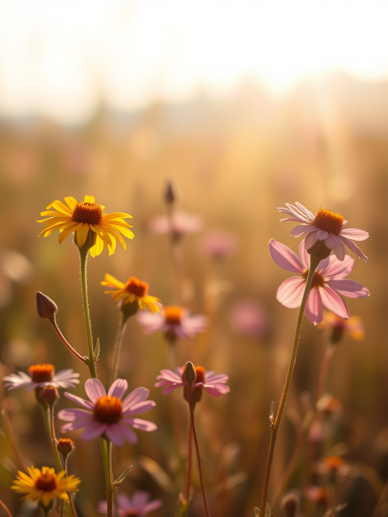 Draw wildflowers that look like a photograph, with a softly expressed out-of-focus background and backlighting shining through.