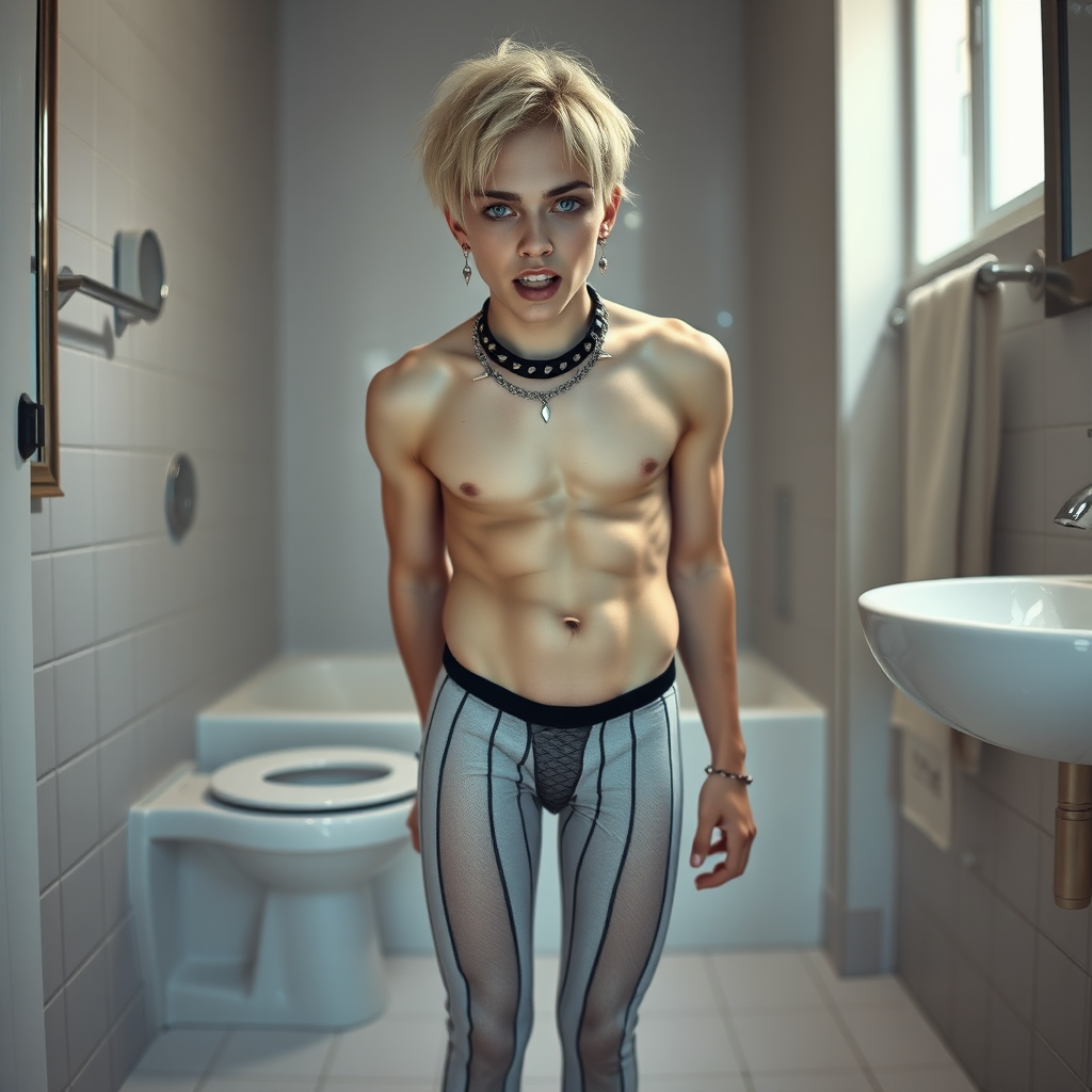 photorealistic, ultra high resolution, 16K, surreal fantasy, soft studio lighting, Caleb Swift is a pretty 16 year old goth male, slim male physique, blonde hair, blue eyes, goth makeup, earrings, white & black vertically striped pantyhose, spikey neck collar with chain, standing on the floor of the bathroom, excited mouth, bulging crotch, full body front view of Caleb facing the camera.