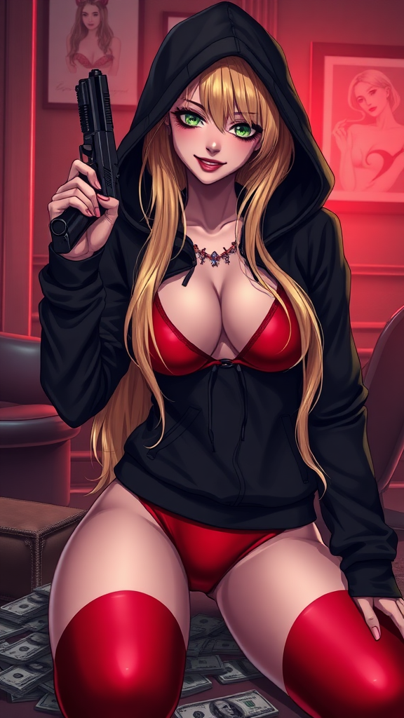 Anime, a sexy seductive and wicked long-blond hair, green-eyes with makeup eyelashes, wearing a black-dark swagger hoodie under a red-bikini and red-gstring thong, wicked smile, holding glock-gun in left-hand, money bags on floor stolen