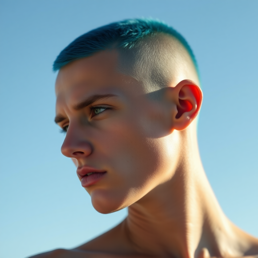 very tall beautiful model in profile, green eyes, shaved haircut with sea blue color