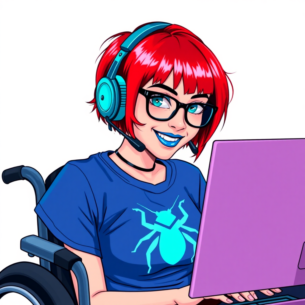 A striking, nerdy, 28-year-old computer hacker in a wheelchair, with a unique, fiery crimson bob cut, maximum blue lipstick, and piercing blue eyes. She wears a maximum blue t-shirt adorned with a maximum turquoise beetle chest icon. Her accessories include a sapphire headset, sleek black eyeglasses, a lovestruck smile, and neon red blush. She serves as her vigilante boyfriend’s tech expert from his secret hideout, diligently working at her computer. The background is a solid white. She is drawn as if she was in a retro 2D cyberpunk fighting game. Ensure her hair color is distinct from DC’s superheroine Oracle and any other character.