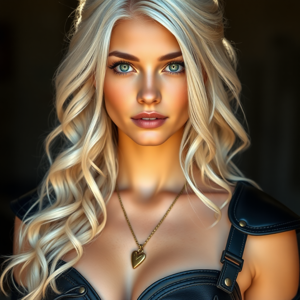 Portrait of a beautiful young woman with long wavy platinum blonde hair, green eyes, a suntan, large breasts, and light brown eyebrows. She is wearing black leather armor and a gold necklace with a small heart pendant. Her face and body are facing the camera and light is coming from behind the camera.