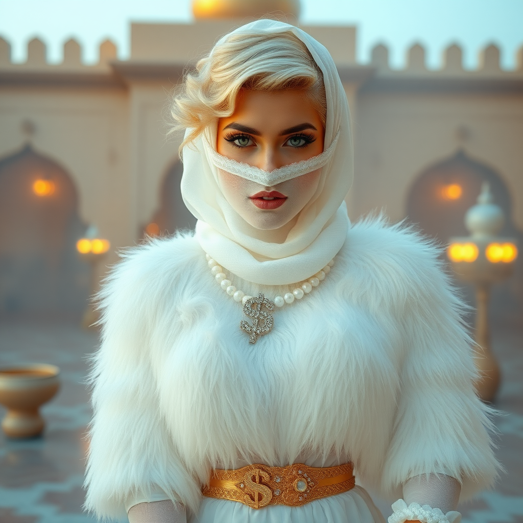 Kuwait desert palace harem patio misty dawn: Melissa, European 17 years old very convincing femboy “trophy-bimbo”, tamed servile docile, very beautiful feminine flawless face, rather short, by hormones very curvaceous womanly figured, platinum blond short tight curls, heavily made-up eyes, wearing Supertanya-style fluffy very fuzzy bright white angora turtleneck-poncho cropped ending under bust decorated with pearls and gemstones, striking oriental wide gold bridal protection belt, white fully transparent harem pants, full Oriental bridal jewelry, face covered by white sheer full Burka, coin anklets, striking diamond “$$$” letter brooch on left chest, pout frustrated, seductively dancing for the sheik, looking at camera. Focus on face and turtleneck-poncho.