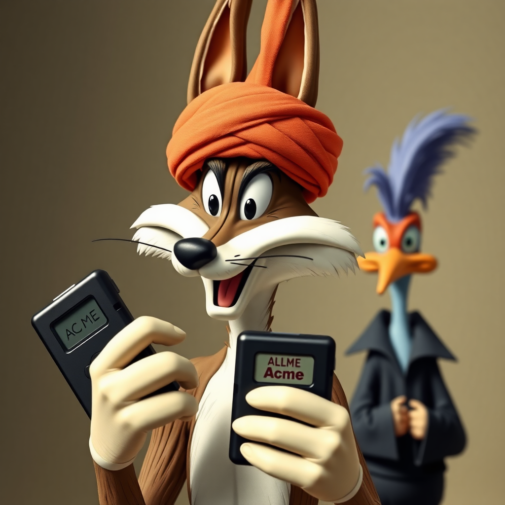 Wile E Coyote, wearing a turban, holding a black 1980's beeper that is branded Acme. Roadrunner in the background dressed in black like a hassidic jew.