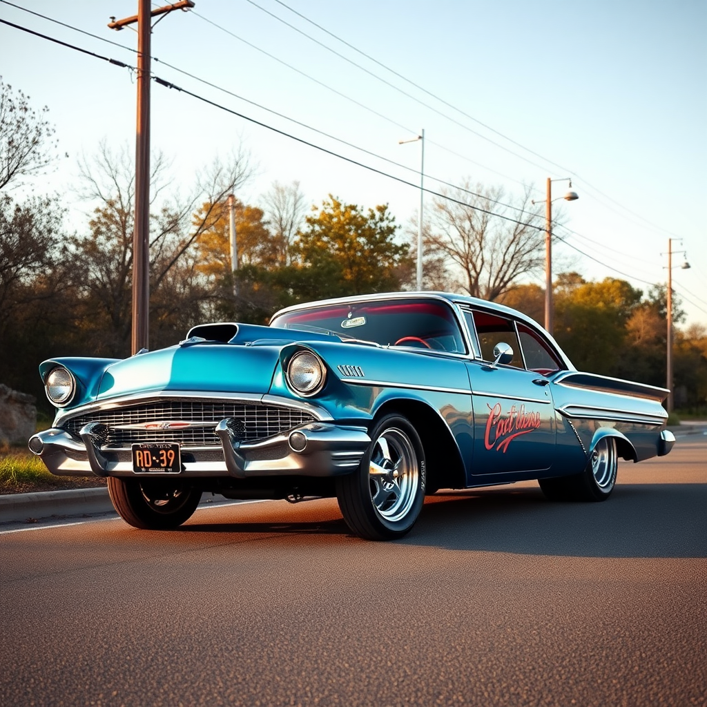 the drag car is parked on the side of the road, inspired by Taiyō Matsumoto, tumblr, restomod, nd4, c4 metallic shine classic american low rider custom paint ford