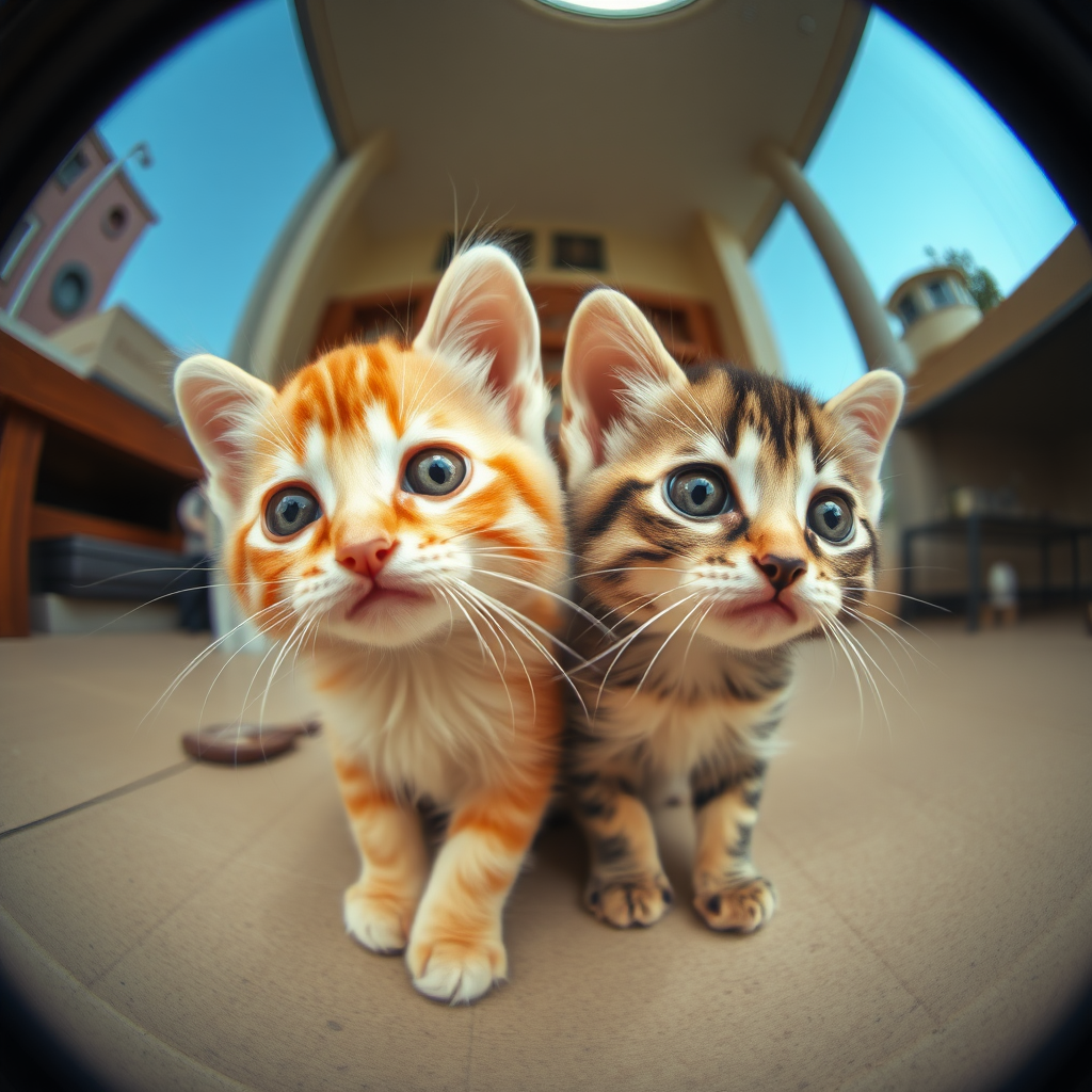 Under the fisheye lens, two adorable kittens, very cute.