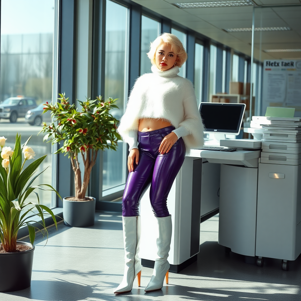 Sunny spring morning, modern glass-steel-concrete office, standing gracefully at Xerox: Nina, 17 years old very convincing femboy, tamed servile docile, very beautiful feminine flawless face, rather short, by hormones very curvaceous womanly figured, platinum blond short tight curls, French nails, bold red lips, heavily made-up face, wearing Supertanya-style fluffy very fuzzy bright white angora extremely cropped turtleneck-poncho fully barely covering bust, purple shiny vinyl leggings, white boots with golden high heels, white pearl belly piercing, gold earrings, seductively looking at camera. Full view.