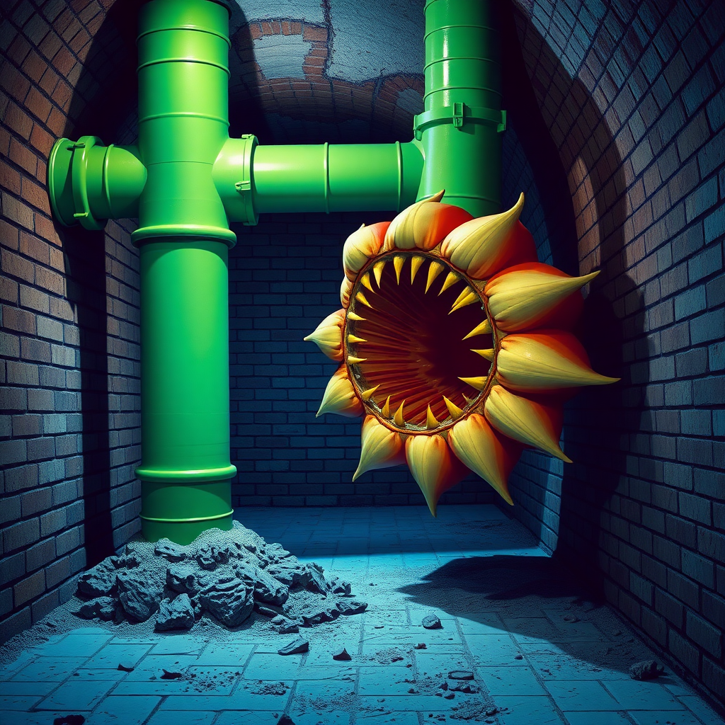 Interior. Underground scene with brick walls and floor. Blue tinted lighting. A large green drain pipe sticks out of the ground. Out of the pipe comes a giant flower bulb looking monster with a large mouth and pointy yellowed teeth.