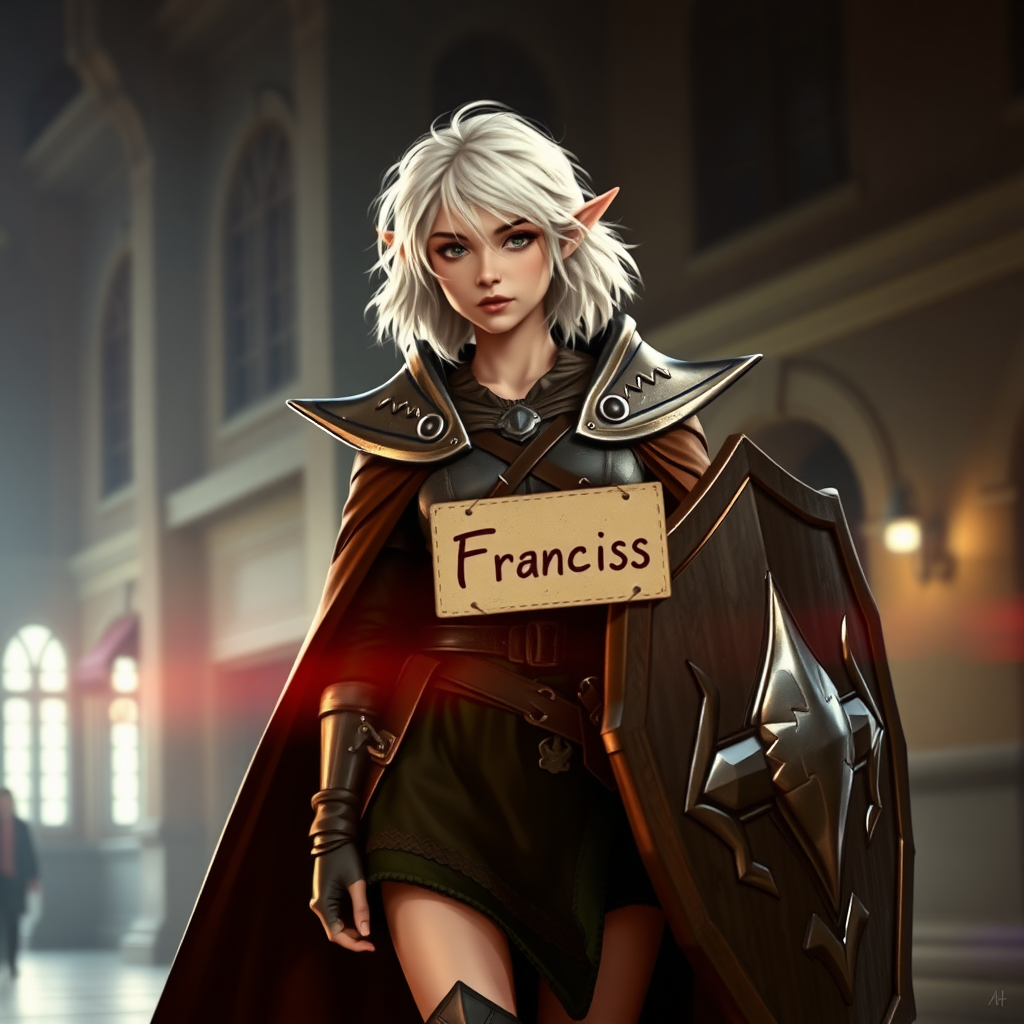 A twenty-something elf girl like (Ana de Armas). messy shoulder-length white hair. wide triangular shoulder pads, flowing cloak, leather armor, shield, skirt, high-heel ankle boots. she is at a school, holding a sign that says "Francis". WLOP style. Photorealistic digital matte painting, highly detailed, film grain, lens flare, chromatic aberration.