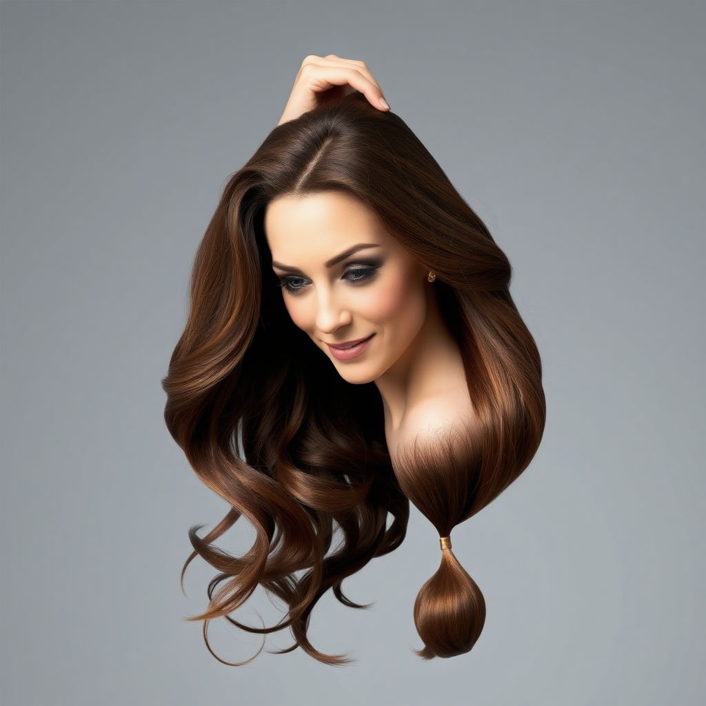 A surreal image of the beautiful disembodied head of a very long haired Kate Middleton. A hand is grasping the ends of her hair and her head is hanging from the other end. Plain gray background.