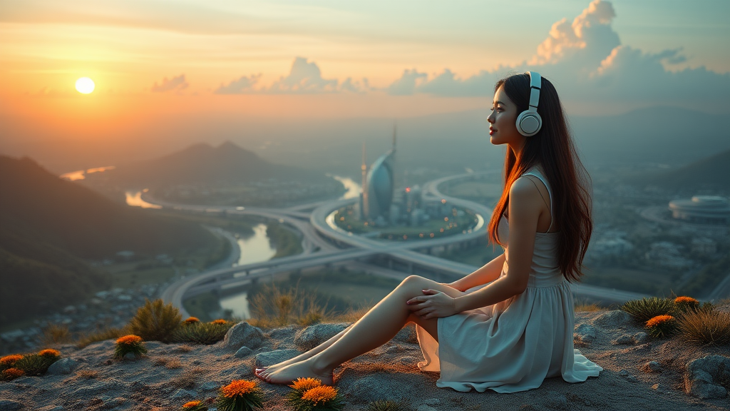 pretty asian woman with long hair in pretty short dress, sitting on the ground with headphones, on an alien planet with an alien city in the background, nice greenery, flowers, rivers, and nice sunrise clouds, highways and streets, ultra realistic view and ultra high cinematic detail