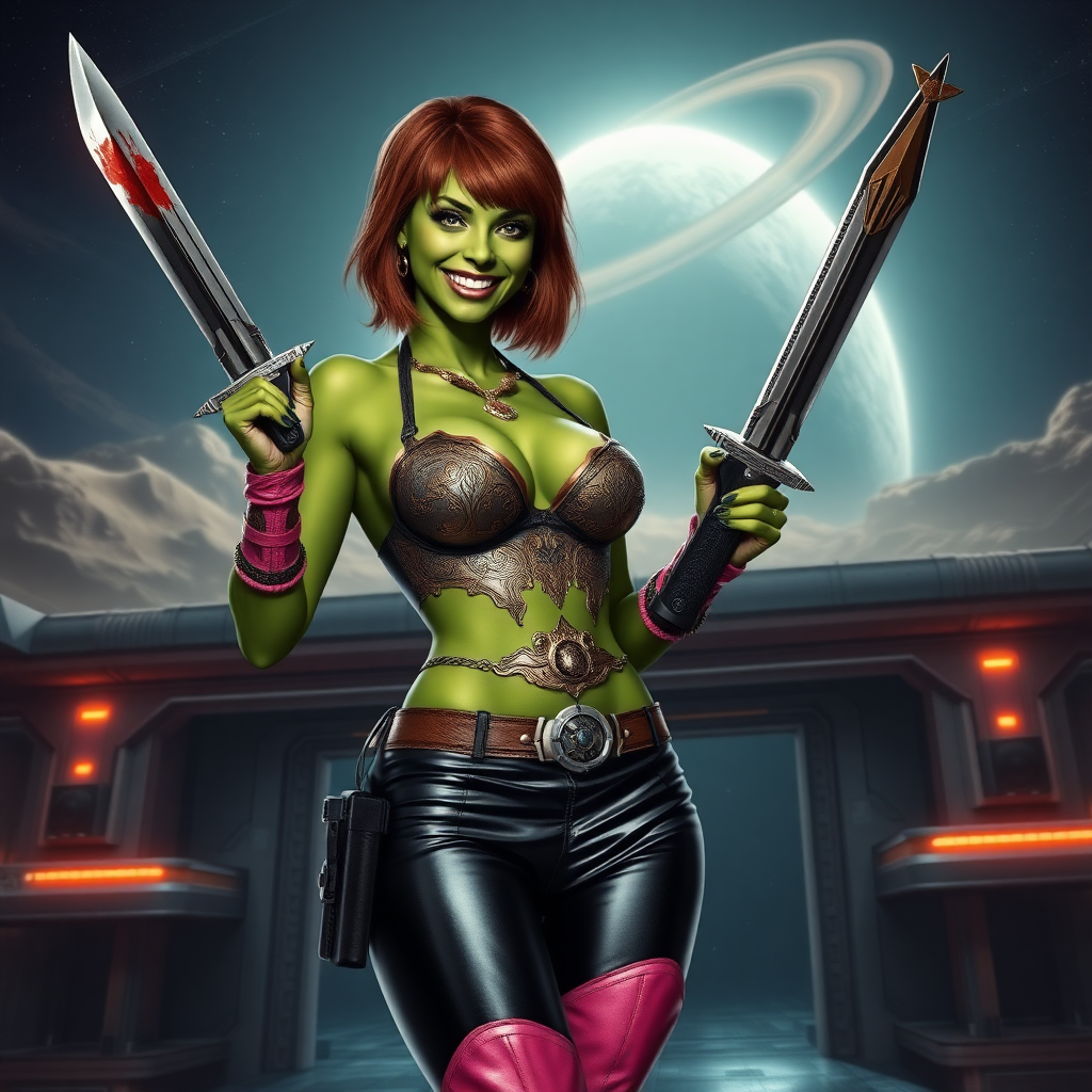 Tall, beautiful green skinned woman. Her brown hair is in a shag-cut style. Her eyes are gold. She is dressed in an ornate metal bra. She is wearing black leather pants, with pink knee high boots. She is holding a large, bloody dagger in a threatening manner. She is smiling. A sci-fi looking gun is holstered at her hip. She is at a sci-fi space-port. A spaceship is seen in the sky, a ringed planet behind it.