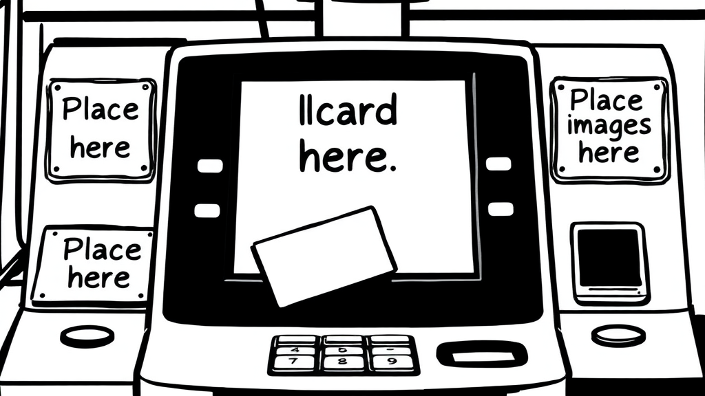 Comic image with only black ink of a scanner that has a terminal to pay with card. It has two signs. One says "Place card here." The other one says "Place images here."