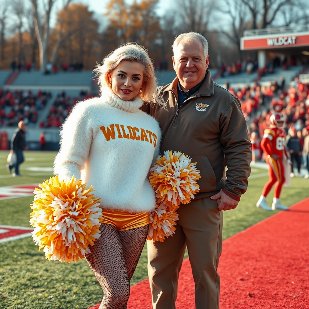 Sunny cold fall noon, college football stadium game, cheerleaders leader squat: Ana, European 17 years old very convincing femboy “QB’s trophy-bimbo”, tamed servile docile, very beautiful feminine flawless face, rather short boyish figure, platinum blond short tight curls, bold red lips, heavily made-up face, fluffy very fuzzy bright white plushy hazy thick angora turtleneck-sweater with “gold “WILDCATS” letters, vinyl gold short shorts, mesh pantyhose, white vinyl thigh-high boots with golden heels, large gold-white pompoms, pearl earrings, standing, shoulders slightly arched back to present her assets, posing for photo with Hank: older tall overweight male football coach, wearing college football coach outfit, triumphant smile, nimbly patting Ana. Jealously watching from behind: very angry wildcat’s QB.