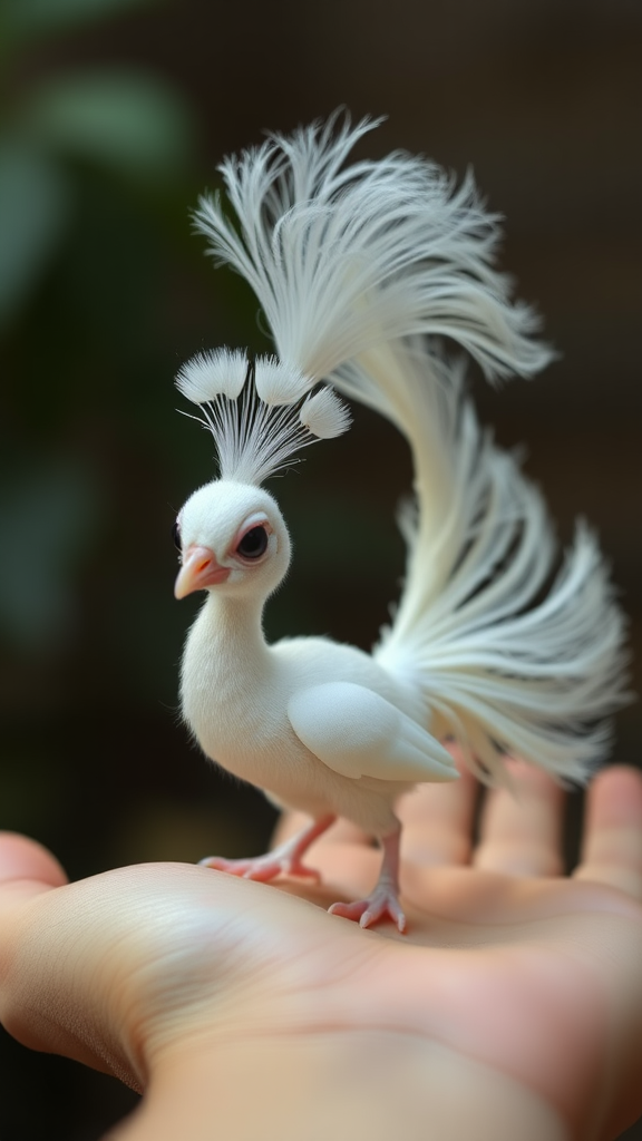 A small tiny cute chubby big eyes big perfect tail real white dancing peacock with tail on hand.