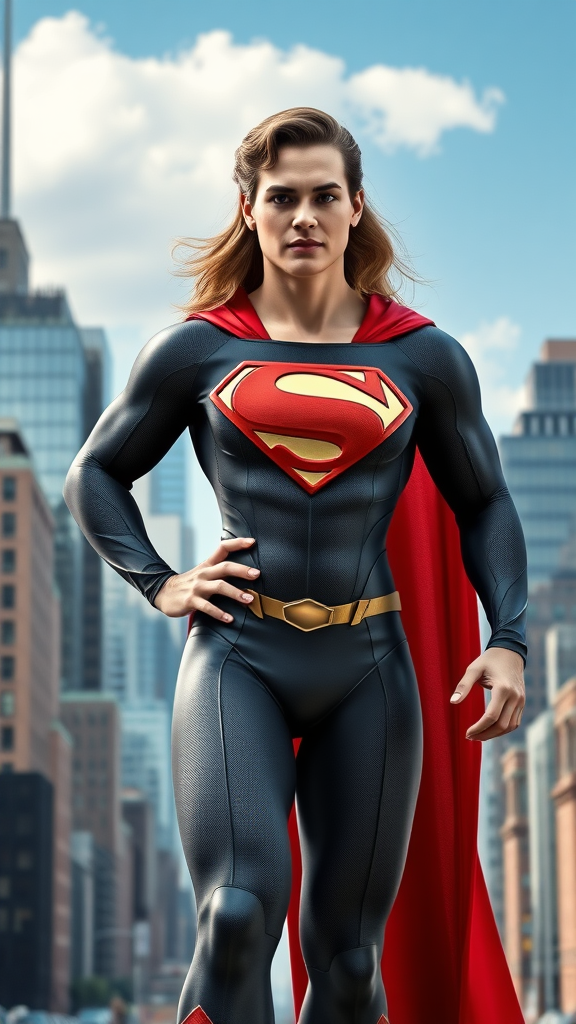 Full-length render of Superman featuring the female figure of Elastigirl. Keep Superman's head intact, including hairstyle and facial features, while using Elastigirl's body. Retain Superman's original costume, adjusting it to fit a female form. For the background, blend elements inspired by both Superman's Metropolis and Elastigirl's urban environments, creating a dynamic cityscape that reflects their superhero worlds.