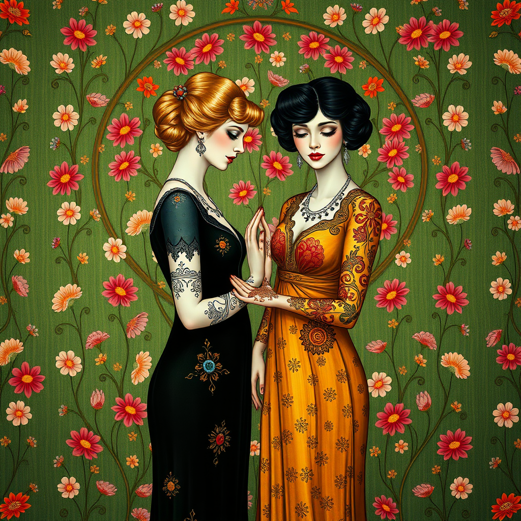 Prompt for painted picture with: In the Max Klimt style. The painted women (one is blonde and one is black-haired) with filigree henna tattoos on their hands and arms stand in front of a green Art Nouveau wallpaper with many small painted colorful flowers. They stand in a circle and hold each other's hands. You have very, very white make-up skin. The hairstyles are updo hairstyles in Art Nouveau.