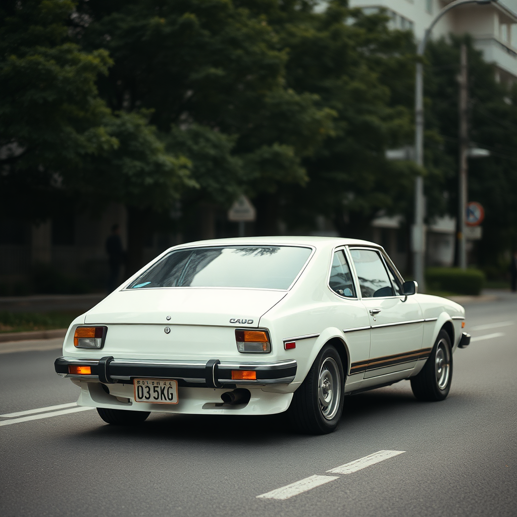 the car is parked on the side of the road, inspired by Taiyō Matsumoto, tumblr, restomod, nd4, c4 a white car is driving down the street, a picture, unsplash, shin hanga, 70's, looking regal and classic, fuji lut, poorly lit, mazoku, devils, lada, lowres, iso 500, backlighted, foam, vehicle photography, frank fanzzeta, 1 2 k, japanese, single light, basic, italian masterpiece