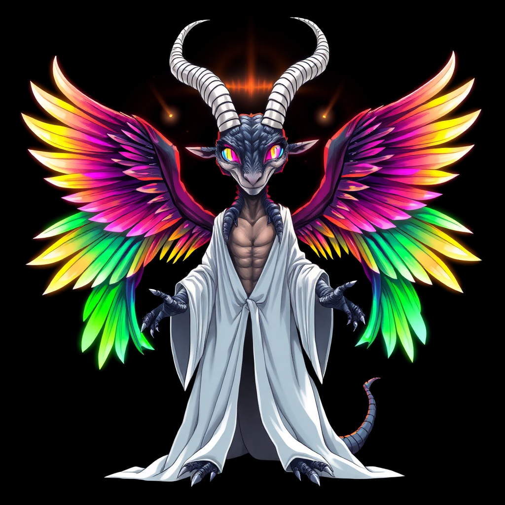 (Anime-styled art), A striking image set against a black background features a tall, reptilian humanoid resembling a goat, adorned with two elegant white horns. Its mesmerizing rainbow eyes shine with intensity, while it wears flowing white robes. A vibrant, chaotic aura radiates around its entire form, and it stands with outstretched hands, showcasing three magnificent rainbow-hued angelic wings that embody a sense of chaos and beauty.