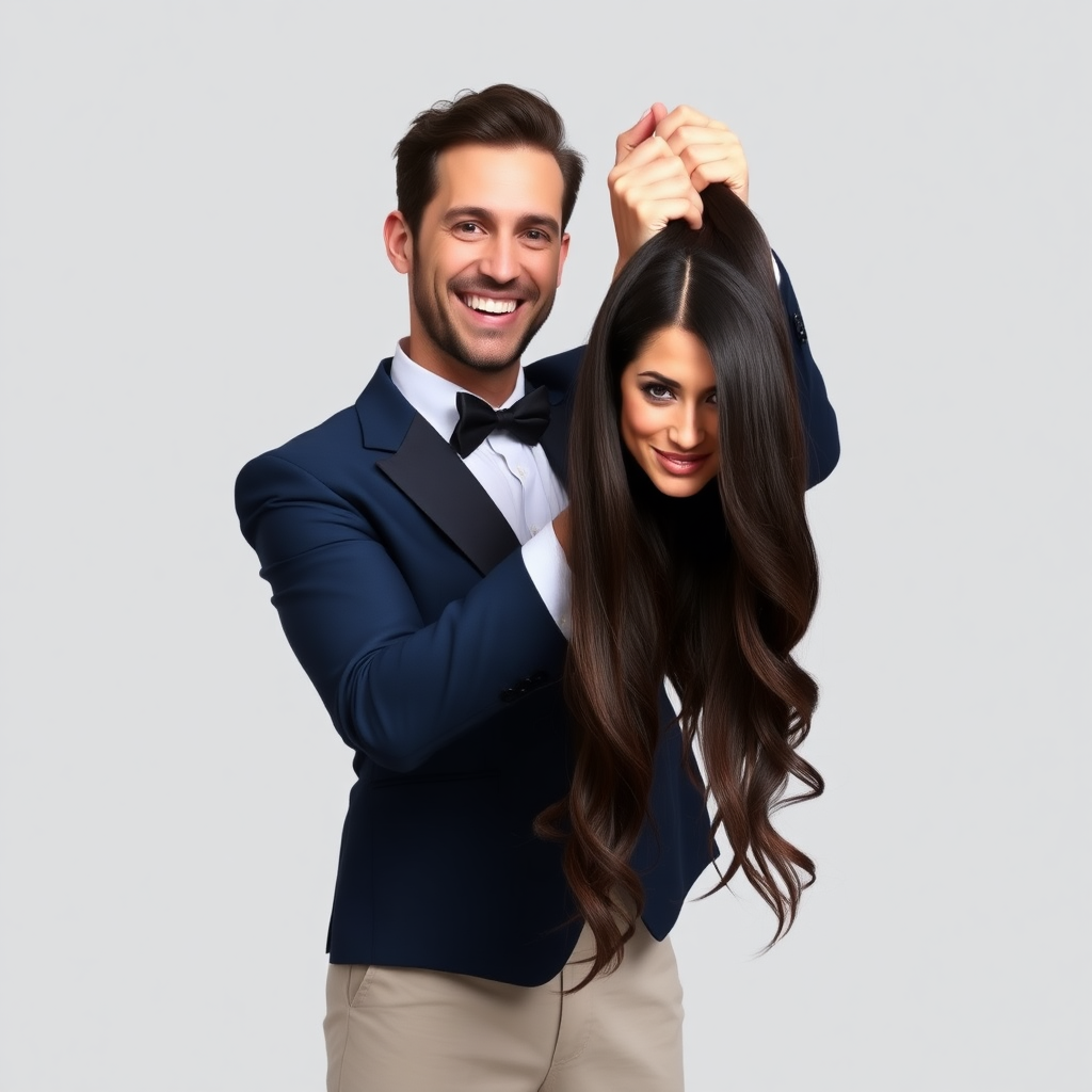 A surreal image of a smiling male magician holding up the disembodied head of a very long haired Meghan Markle. He is grabbing her very long hair and pulling it up high in the air, while her head is hanging by her hair from his grasp to display it to the camera. Plain gray background.