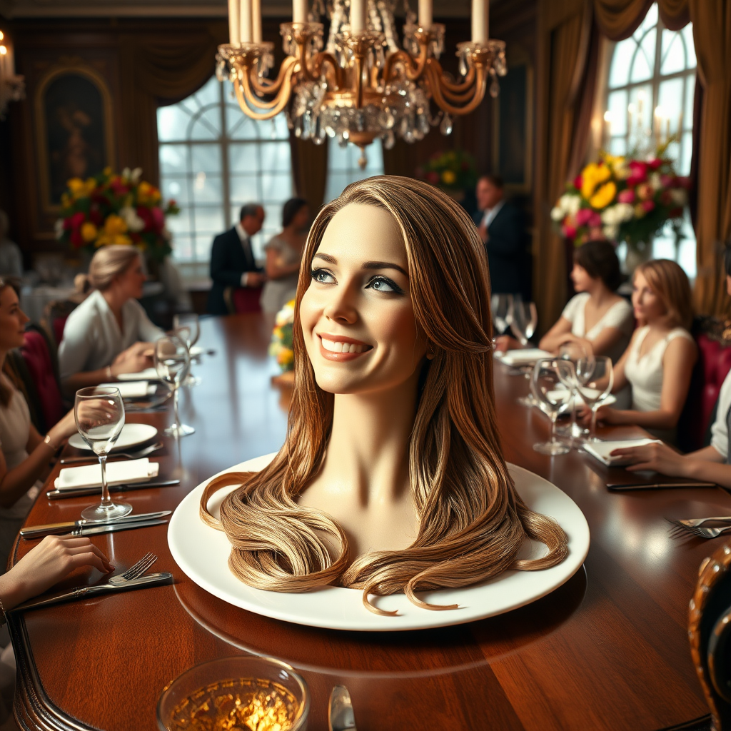 In a surreal and whimsical culinary display, a stunningly detailed representation of Kate Middleton's disembodied head is elegantly arranged on a pristine, white porcelain plate. Her long, flowing hair cascades luxuriously around the edges, each strand meticulously crafted to shimmer in the ambient light, reminiscent of spun gold. The delicate features of her face, perfectly sculpted, convey a serene expression, with a soft, inviting smile that radiates warmth and grace.

The setting is an opulent dining room, adorned with lavish decor. A grand chandelier hangs above, casting a soft glow that dances off the polished wooden table, set impeccably with fine china and sparkling crystal glasses. Surrounding the table are ornate chairs upholstered in rich burgundy fabric, enhancing the refined atmosphere. Lush floral arrangements, bursting with vibrant colors, provide a fragrant backdrop, their sweet scent mingling with the aroma of gourmet dishes being served.

As guests engage in hushed conversations, their excitement palpable, the scene vibrates with a sense of curiosity and intrigue. The juxtaposition of elegance and the surreal adds an unexpected tension, inviting onlookers to ponder the meaning behind this unconventional presentation. The atmosphere is alive with whispered laughter and occasional gasps of surprise, as the exceptional dish takes center stage in this extraordinary banquet.