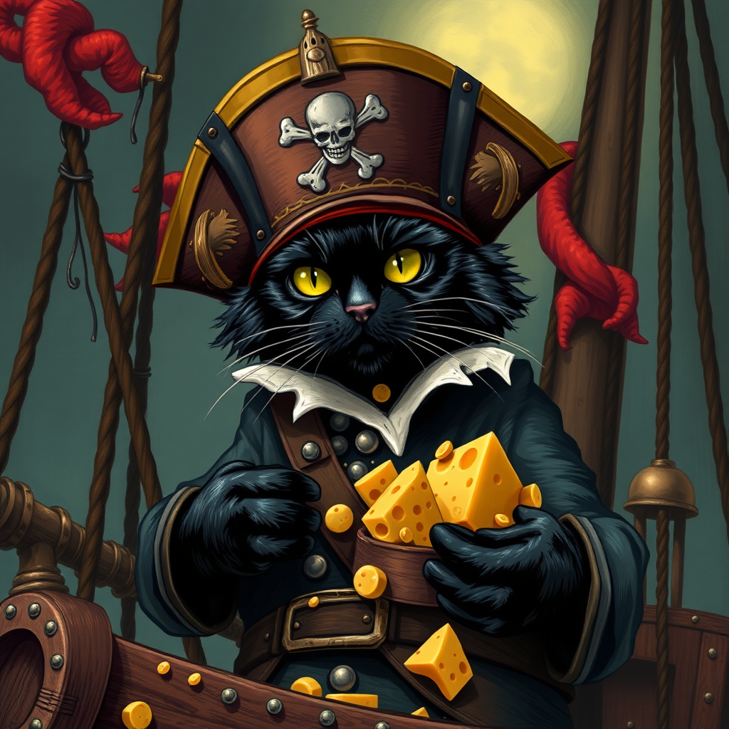 Black cat pirate Captain with treasure cheese filled with cheese on a pirate ship, steampunk