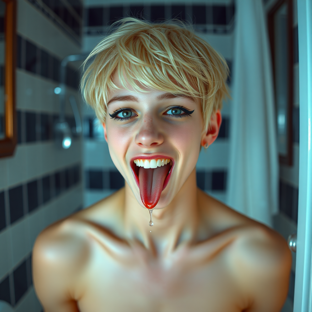 photorealistic, ultra high resolution, 16K, surreal fantasy, studio lighting, a pretty 16 year old goth boy, slim male physique, short blonde hair, goth makeup, earrings, pantyhose, white ballet shoes, in the bathroom, excited smile, facing the camera, drooling from his mouth