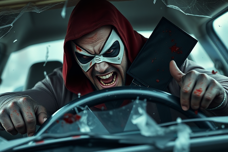 Realistic. Masked Superhero in car crash, propelled forward with tortured face as impact sends superhero violently over steering wheel and out through windshield of car and out over hood of car. Much blood and glass flying. Mask being torn from face by breaking windshield.