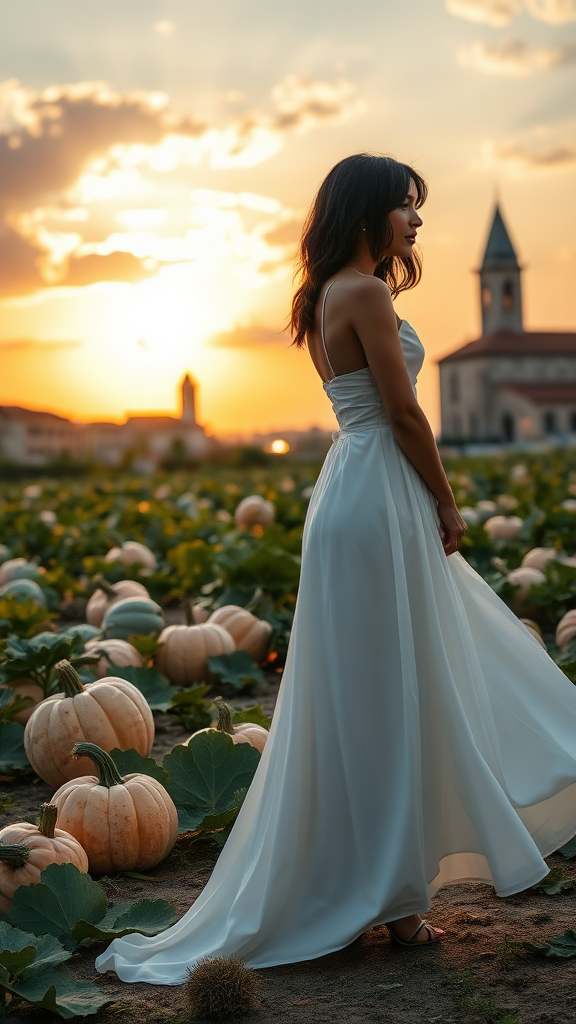 On the left, a beautiful model in a long white dress, black layered bob haircut, wearing 16 cm high heels, in the background a field of large pumpkins, in the distance a Veneto-style village with a church and bell tower, sunset sky with sun and clouds, in high definition.