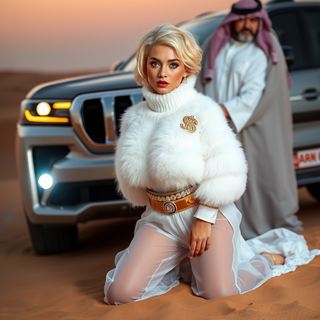 Kuwait desert dunes misty dawn, full size luxury SUV: Melissa, European 17 years old very convincing femboy “trophy-bimbo”, tamed servile docile, very beautiful feminine flawless face, rather short, by hormones very curvaceous womanly figured, platinum blond short tight curls, bold red lips, heavily made-up face, wearing Supertanya-style fluffy very fuzzy bright white angora turtleneck-poncho cropped ending under bust decorated with pearls and gemstones, striking oriental wide gold bridal protection belt, white fully transparent harem pants, full Oriental bridal jewelry including headpiece, nose-ring, coin anklets, striking diamond “$$$” letter brooch on left chest, pout frustrated, hands tied behind back, kneeling in sand in front of SUV, looking at camera. Focus on face and turtleneck-poncho. Standing behind Melissa: older overweight tall proud sheik, approvingly padding Melissa.