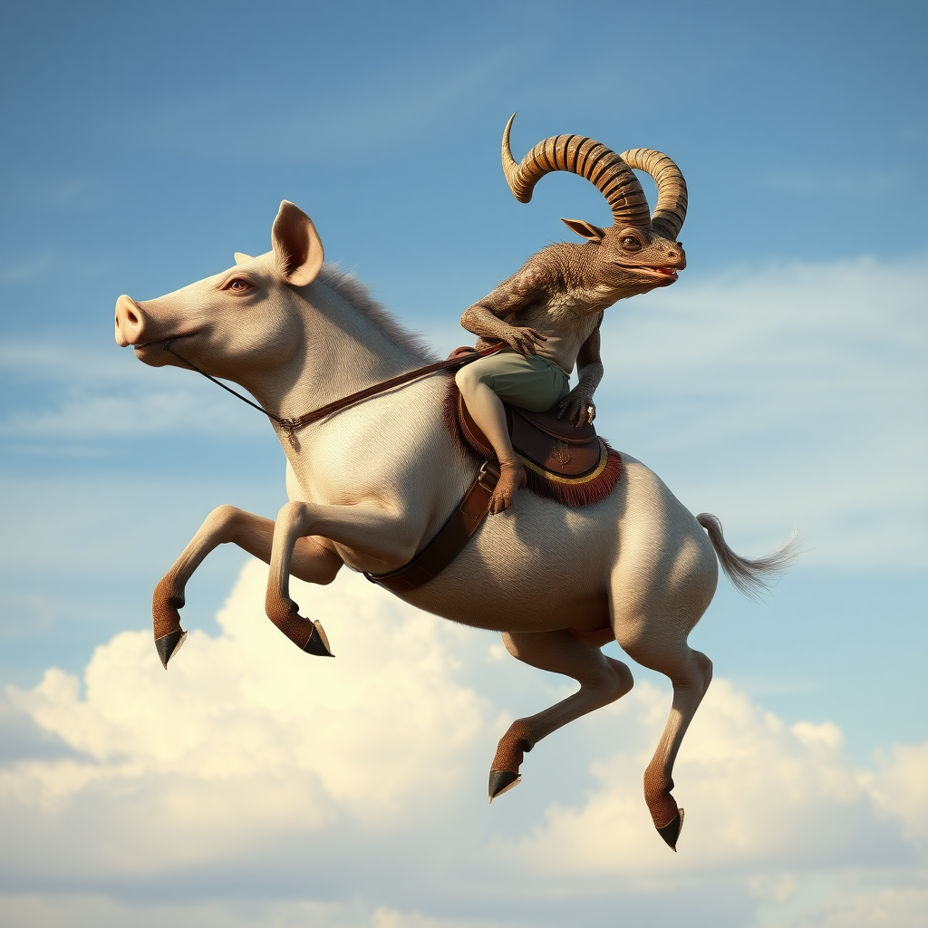 Photorealistic image of two animals. The first animal is like a pig, but it's slim and has long legs and eagle talons instead of hoofs. The second animal is like a toad but it's slim and has horns like a wild sheep (mouflon). The second animal also has teeth in its mouth. The first animal has a saddle and is galloping in the sky. The second animal rides the first animal.