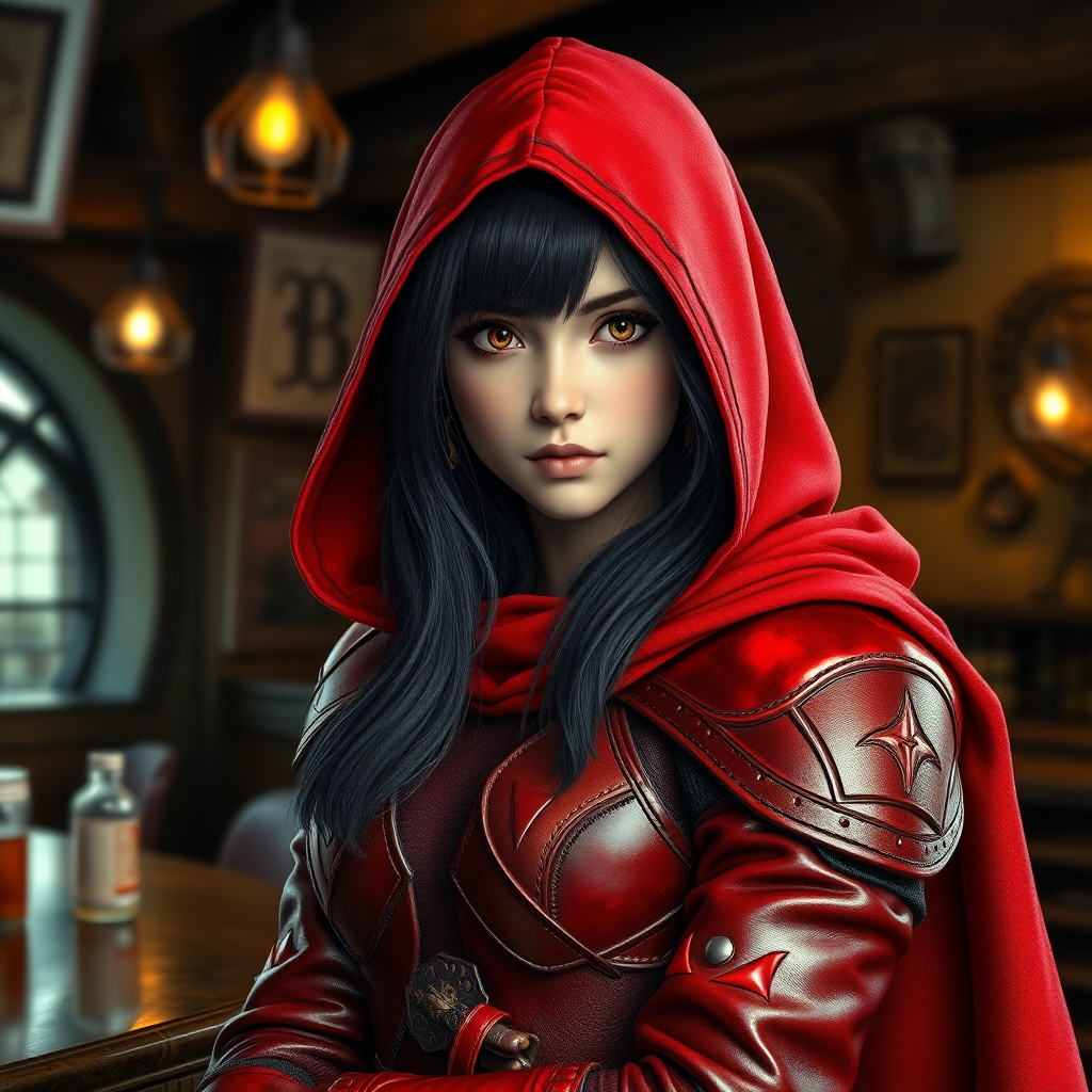 A photo realistic girl with black hair and brown eyes in red leather armor and a red hood standing at the bar in a medieval tavern.