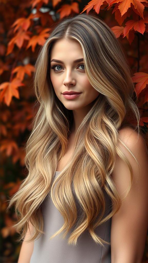 Miranda Kerr with long wavy hair, ash blonde color, against a background of autumn chestnut foliage, in high definition.