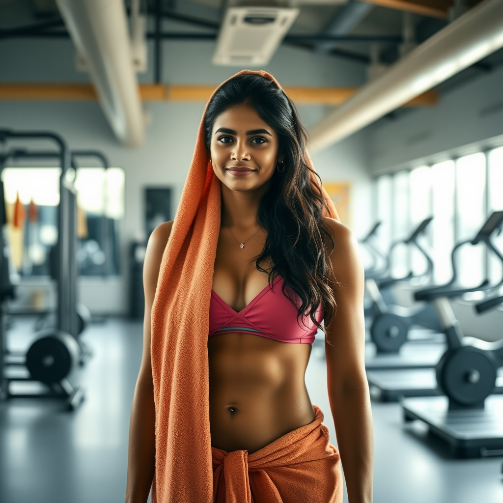 Indian wife, wearing towel, standing in gym