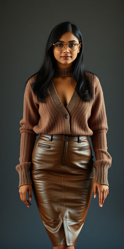 a fullbody photo of an indian 18 year old with glasses wearing a tight high waisted brown leather pencil skirt and a tight sweater with a deep V cutout