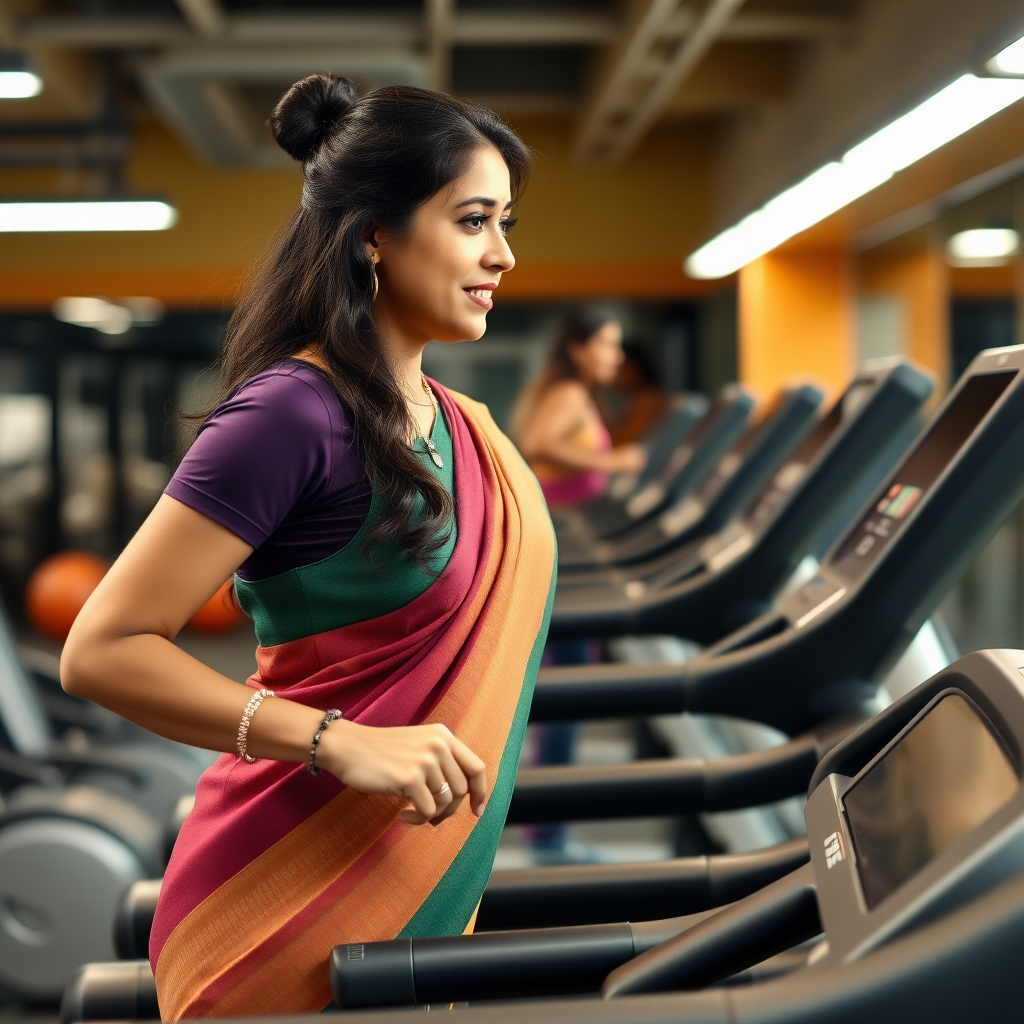 Indian wife, working out on treadmill in gym