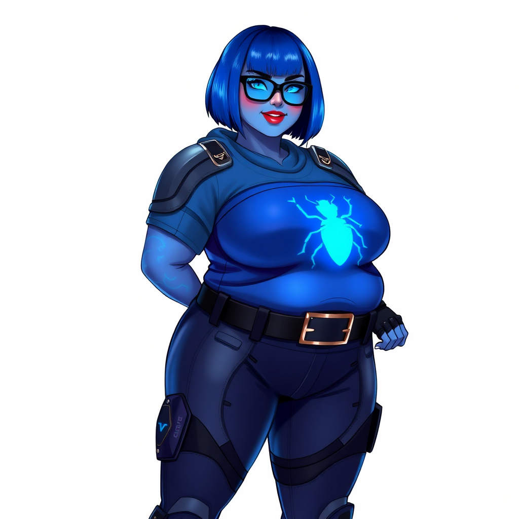 A 28-year-old, full-figured, metallic maximum blue (5PB 5/10) skinned computer program hybrid with a maximum blue bob cut. She has a non-athletic build, highlighted by a prominent, round, large midsection (with heavy emphasis on her round large belly), which shows the effects of her love of junk food acquired from her boyfriend. As the full-figured, nerdy, digital sidekick to her cyberpunk vigilante boyfriend, her metallic maximum blue skin and maximum blue lipstick (5PB 5/12) emphasize her digital nature. Her skin has a subtle, animated glow, with digital patterns occasionally flickering across it, making her digital nature obvious. She wears a digital, computerized costume, consisting of a massive, tight-fitting, maximum blue biker shirt (5PB 5/12) made out of advanced nanotech with a neon blue glowing chest icon of a beetle, hi-tech shoulder pads with neon blue accents, a black hi-tech belt with a digital neon blue glowing buckle, digital maximum blue biker pants (5PB 5/12) with neon blue accents, and black hi-tech fingerless biker gloves with neon blue glowing accents. Her neon blue glowing eyes, black eyeglasses with neon blue glowing lenses equipped with a built-in HUD, and bashful smile with neon red blush accentuate her nerdiness. She stands bashfully with one hand behind her back and the other hand gently touching her cheek, her costume covering all her skin and emphasizing her full figure (especially her round large belly). She is clearly non-athletic, with a focus on her full-figured physique. Despite her build, she radiates beauty. She has a slim face compared to her physique, accentuating her radiant beauty. She is on a solid white background. She is drawn as if she were in a retro 2D cyberpunk fighting game.