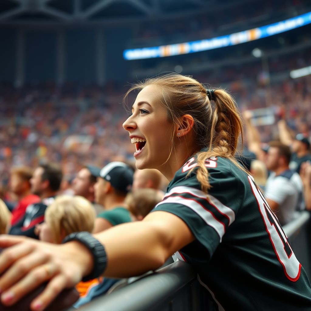 TV camera perspective, attractive female NFL fan leaning forward over barrier and cheering, pigtail hair, jersey, inside front row crowd