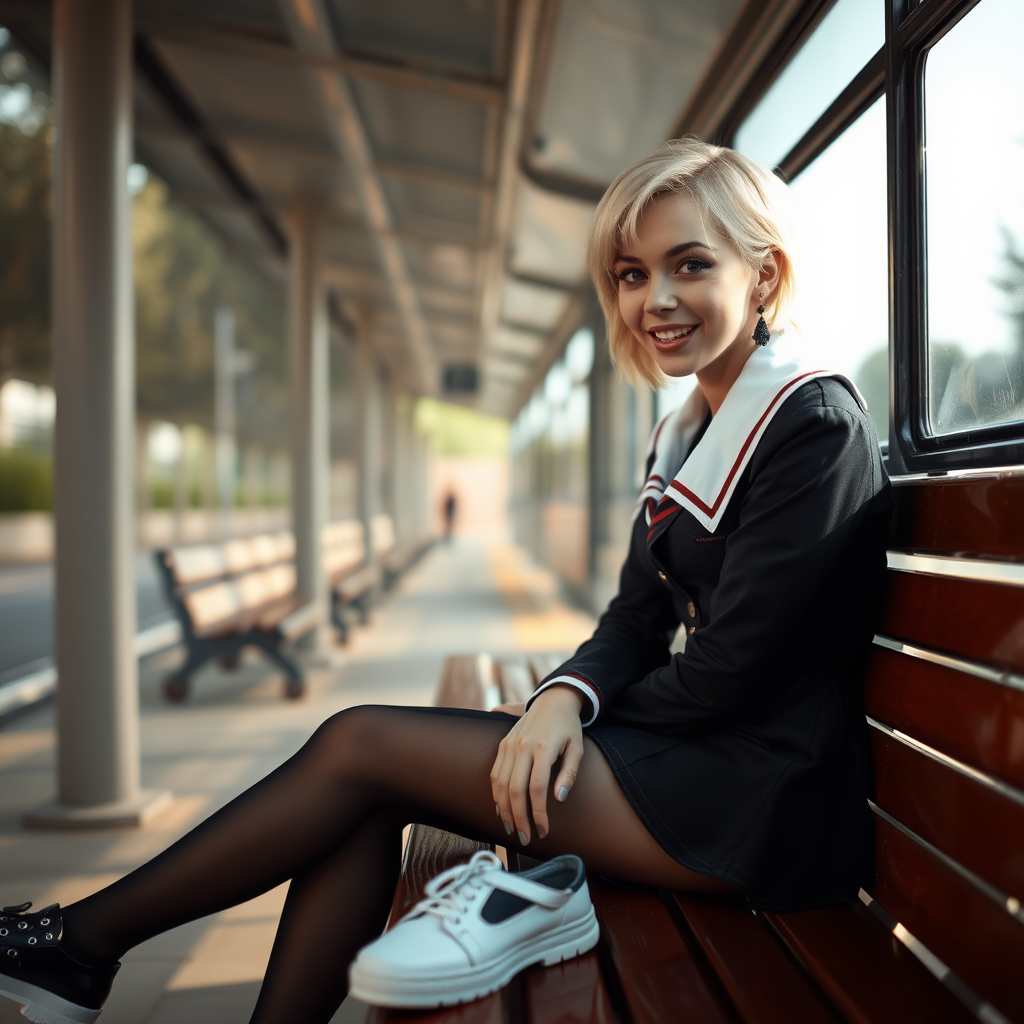 photorealistic, ultra high resolution, 16K, surreal fantasy, soft studio lighting, a pretty 18 year old goth male, slim male physique, short blonde hair, goth makeup, earrings, shiny black pantyhose, UK girls-school uniform, Mary-Jane shoes, sitting on a bench waiting for the school bus, in daylight, excited smile, facing the camera.