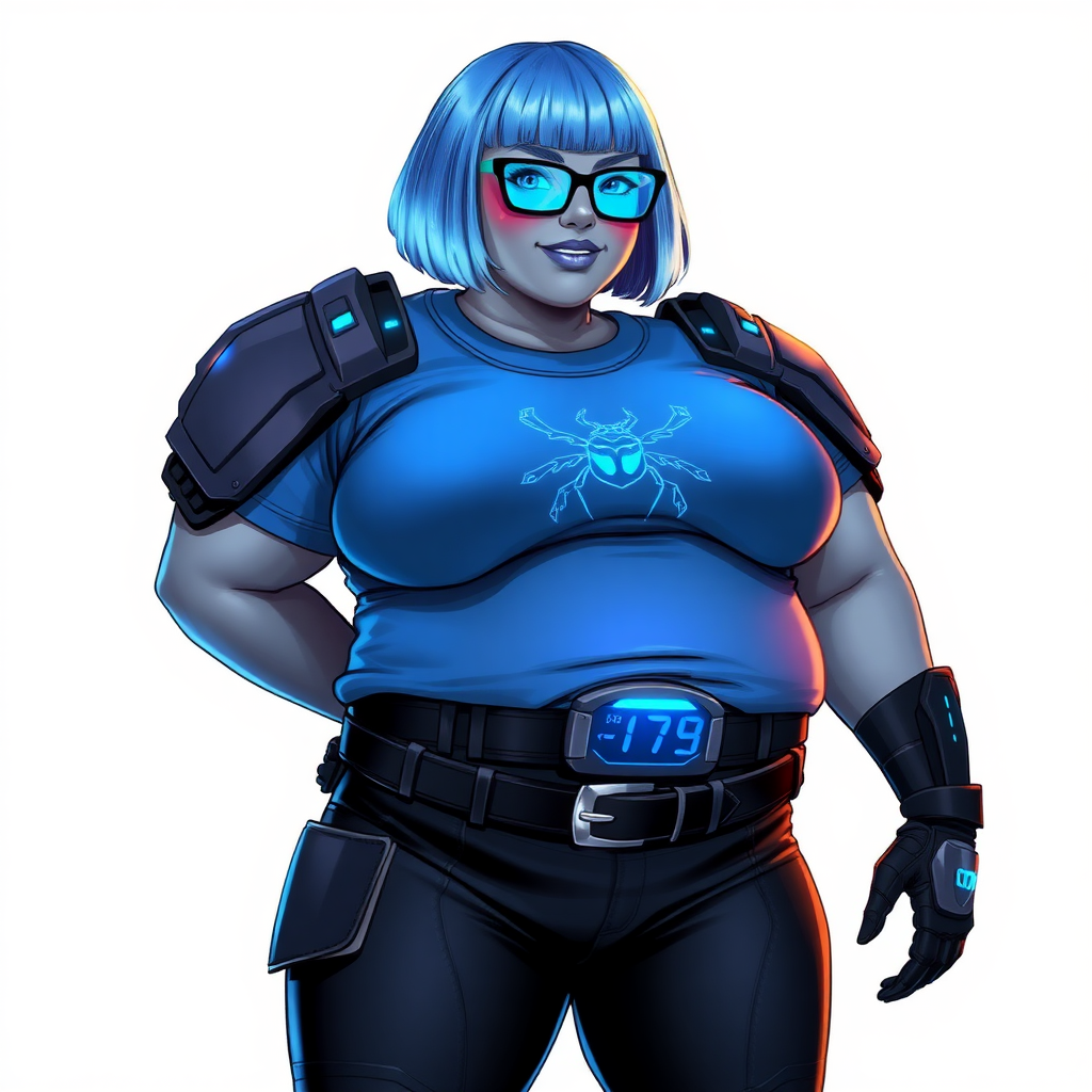 A 28-year-old, full-figured, middle gray skinned computer program hybrid with a maximum blue bob cut. She has a non-athletic build, highlighted by a prominent, round, large midsection (with emphasis on her belly), which the aftermath of pampering. As the heavily pampered digital sidekick to her cyberpunk vigilante boyfriend, her middle gray metallic skin and maximum blue lipstick emphasize her digital nature. She wears a digital, computerized costume consisting of a huge, tight-fitting, maximum blue t-shirt with a neon blue glowing chest icon of a beetle, hi-tech shoulder pads with neon blue accents, a black hi-tech belt with a digital neon blue glowing buckle, digital black biker pants with neon blue accents, and black hi-tech gloves with neon blue glowing accents. Her neon blue glowing eyes, black eyeglasses with a neon blue glowing HUD built in its lenses, and shy smile with neon red blush accentuate her nerdiness. She stands bashfully with her hands behind her back, her costume covering all her skin and emphasizing her full-figured physique (especially her belly). She is clearly non-athletic, with a focus on her full-figured physique. Despite her build, she radiates beauty. She has a slim face compared to her physique, accentuating her radiant beauty. She is on a solid white background. She is drawn as if she was in a retro 2D cyberpunk fighting game.