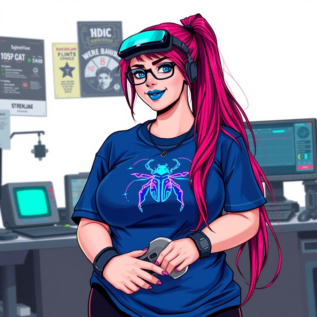 A cyberpunk vigilante’s full-figured intelligent and tech-savvy 29-year-old girlfriend, who is a computer hacker and tech genius. She has a long ruby red ponytail streaked with sky blue. She wears maximum blue lipstick, blue eyes, a sapphire beetle gemstone necklace, sapphire earrings, black eyeglasses, a futuristic holographic wristwatch computer, and an oversized maximum blue t-shirt featuring a neon blue beetle chest emblem. She has a full-figured, well-rounded physique with a prominent, round midsection, reflecting her well-cared-for lifestyle. Her round midsection is broadened and bloated to emphasize her figure. She sports a sapphire headset with a high-tech maximum turquoise lensed HUD, and a shy smile with a neon red blush. She is holding a futuristic hi-tech wrench while standing in her workshop in front of her computer desk and work bench. The background is solid white. She is drawn as if she was in a retro 2D cyberpunk fighting game.