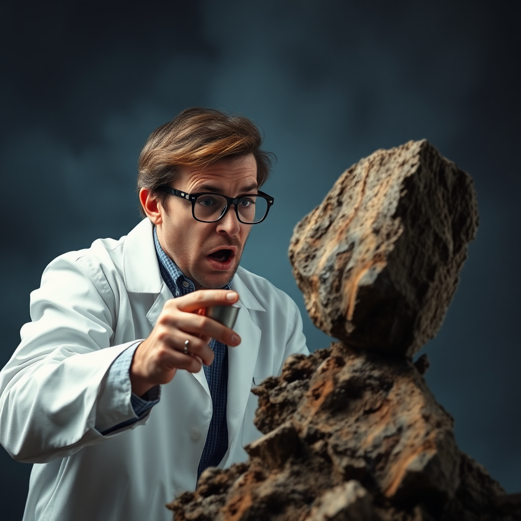 scientist looking a normal rock very curiously and overreacting, showing a lot of strong emotions